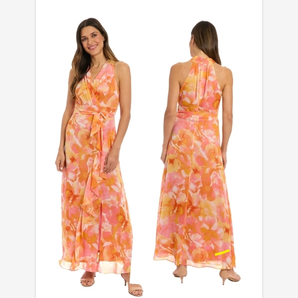 NWT London Times Floral Halter Maxi Dress in Pink and Orange Sz 8